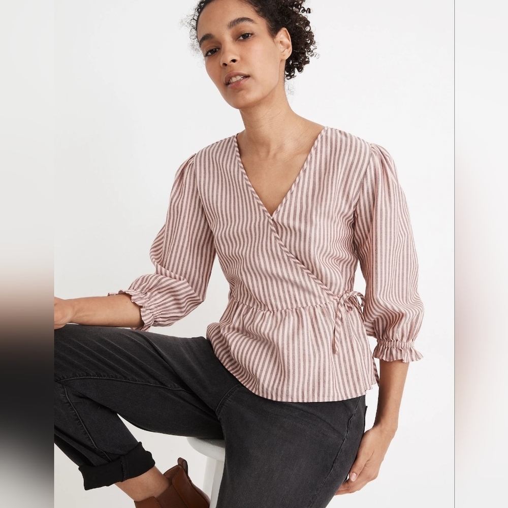 Madewell Puff-Sleeve Peplum Wrap Top in Stripe